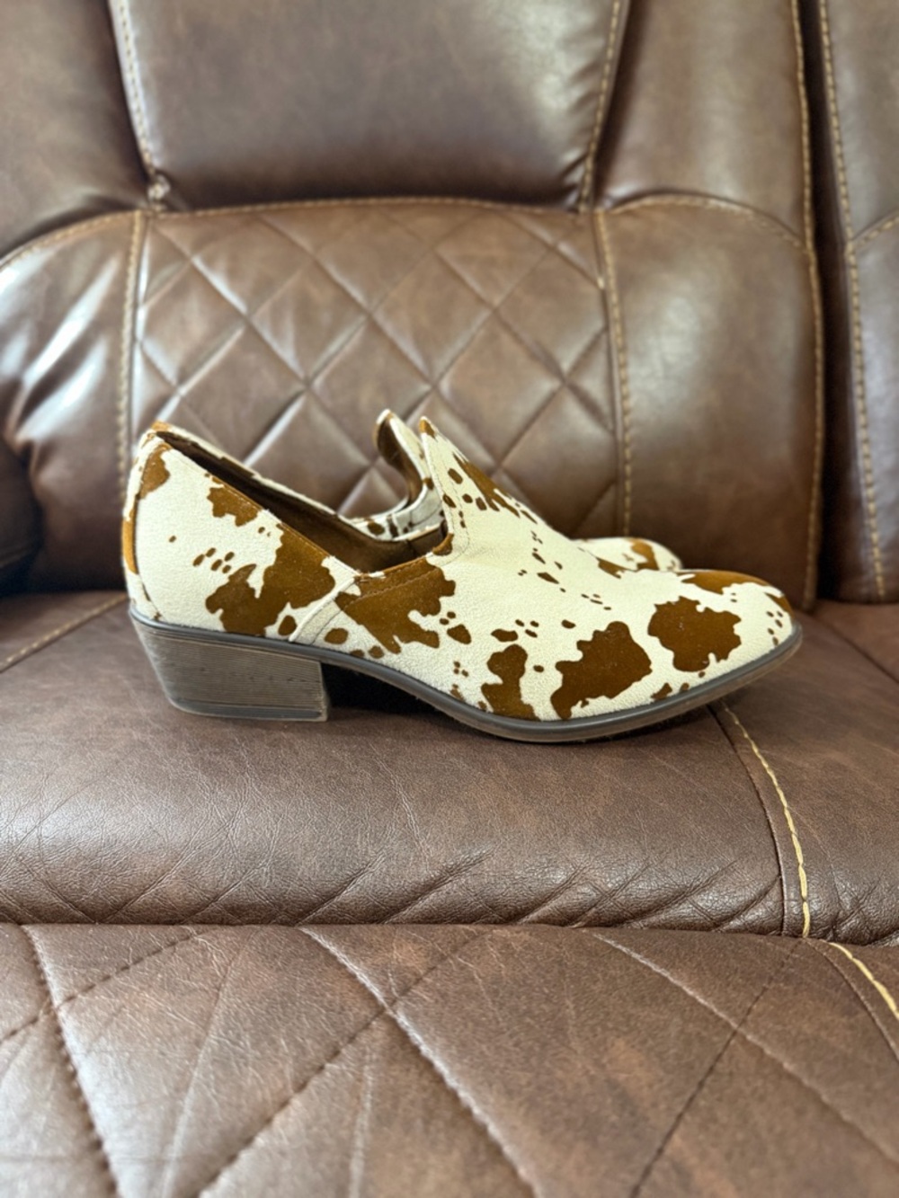 Pierre Dumas Cow-Print Slip On Loafers in White and Brown